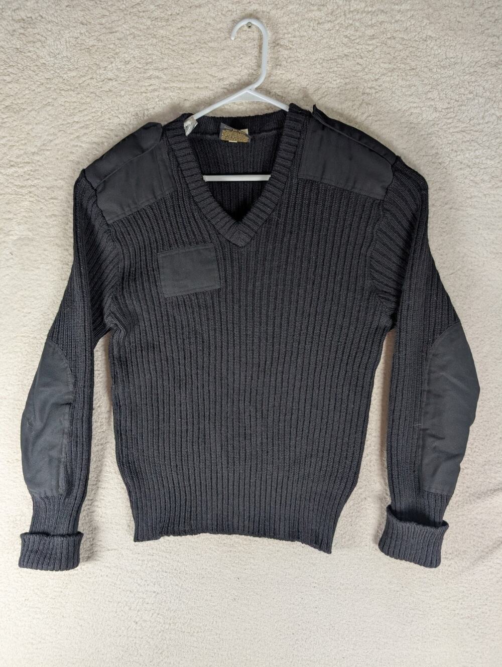 Citadel Commando Sweater Mens 44 Black Solid V Neck Wool Elbow Patches